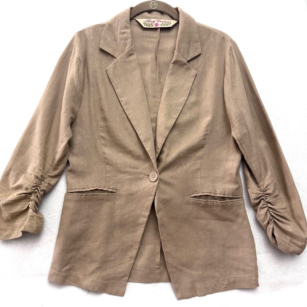 Body Central Y2K Women's L Linen Ruched Sleeve Blazer Jacket Khaki